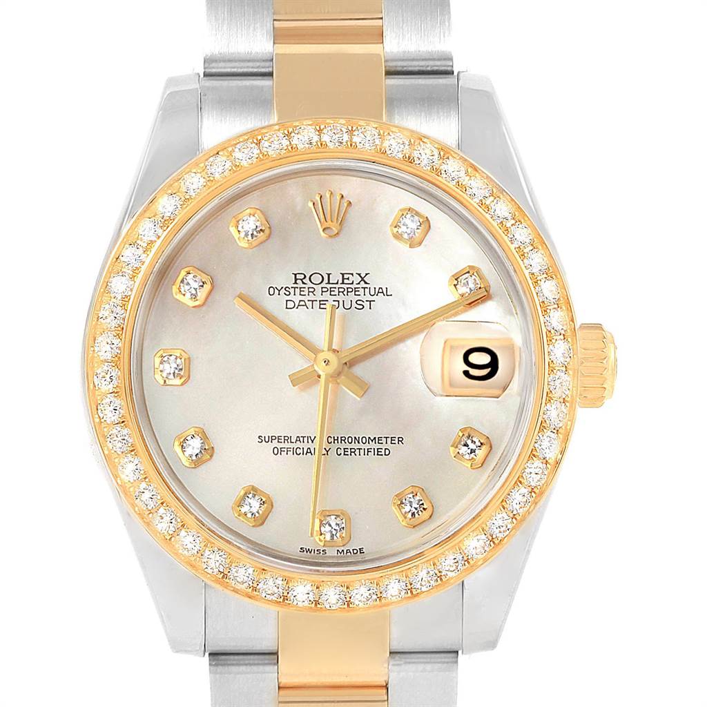 This image shows the Rolex Mid-Size 178383 Women's Steel and Gold (two tone) Mother of Pearl Dial 178383 Women's Steel and Gold (two tone) Mother of Pearl Dial Oyster Perpetual Datejust watch front view, including its bezel, dial, hands, and bracelet.