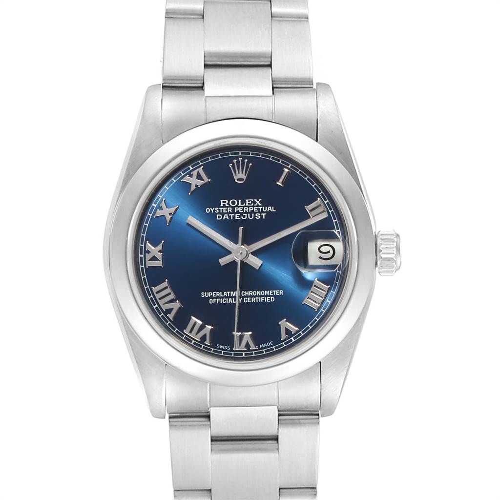 The image shows a front view of a Rolex Mid-Size 68240 Women's Stainless Steel Blue Dial 68240 Women's Stainless Steel Blue Dial Oyster Perpetual Datejust watch with a blue dial and silver Roman numeral markers.