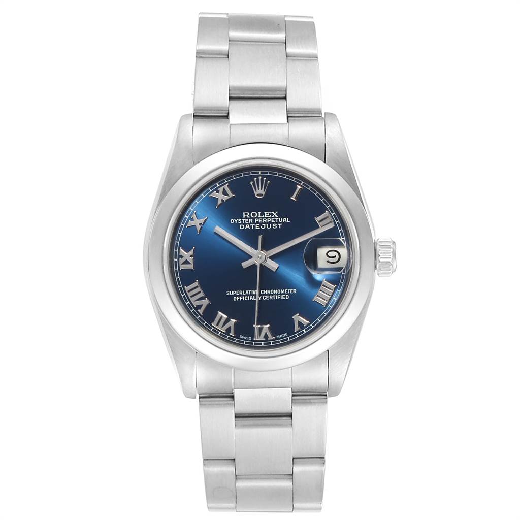 A front view of a Rolex Mid-Size 68240 Women's Stainless Steel Blue Dial 68240 Women's Stainless Steel Blue Dial Oyster Perpetual Datejust watch displaying its blue dial, Roman numerals, date window, and metal bracelet.