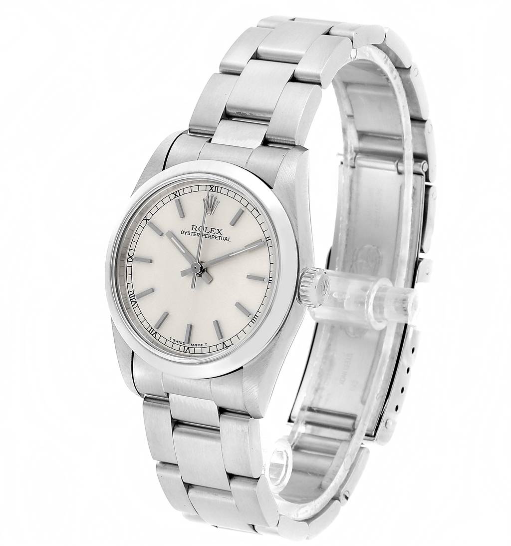 The image shows a Mid-Size Rolex watch angled to display the face, bezel, and part of the bracelet.