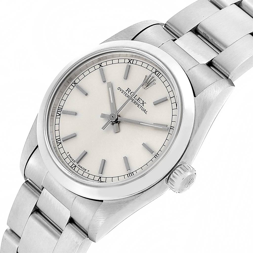 The Rolex Mid-Size 67480 Women's Stainless Steel Silver Dial 67480 Women's Stainless Steel Silver Dial model watch is shown at a slight angle, highlighting the face, crown, and metal bracelet.
