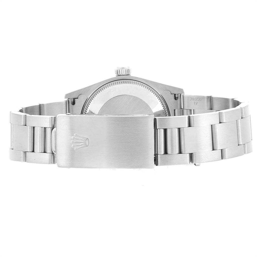The image shows the back view of a Rolex Mid-Size 67480 Women's Stainless Steel Silver Dial 67480 Women's Stainless Steel Silver Dial watch, highlighting the clasp and bracelet.