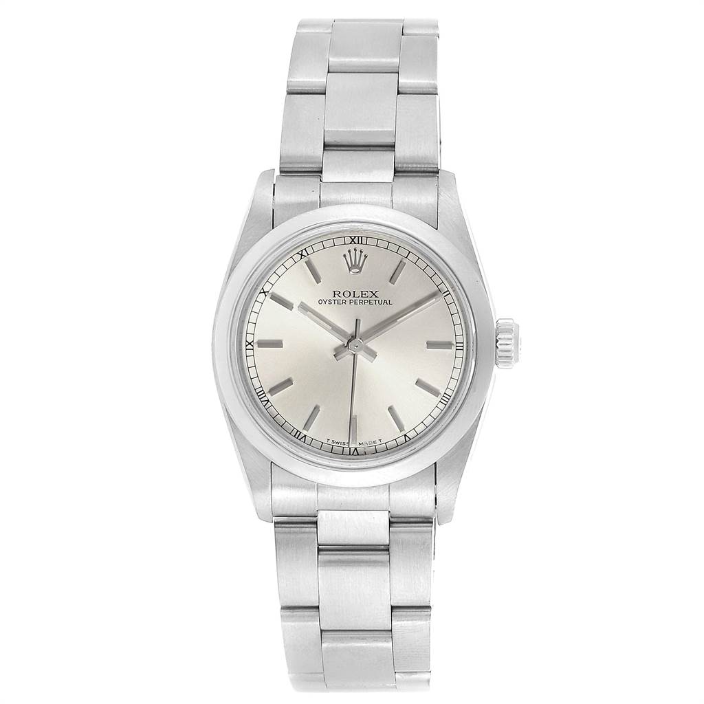 The image shows a frontal view of the Rolex Oyster Perpetual Mid-Size watch, including the dial and bracelet.