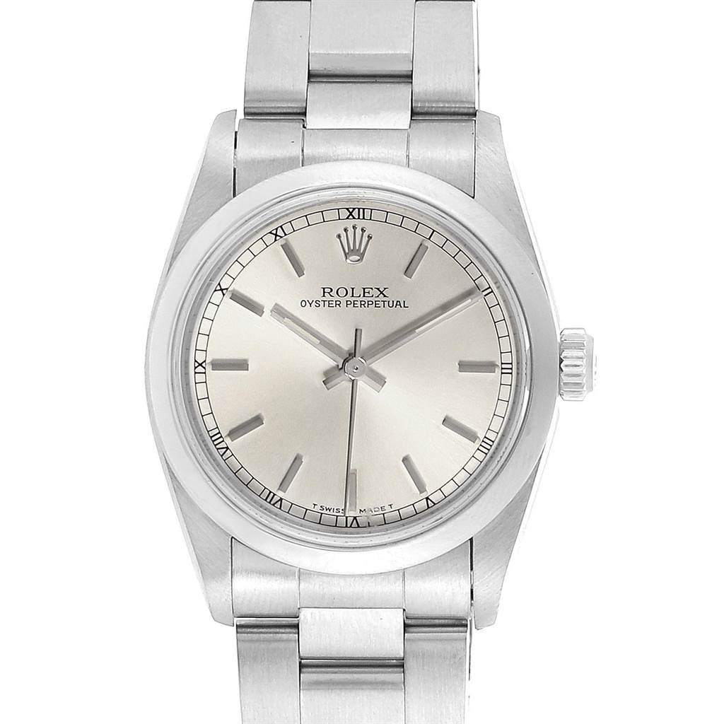 The image shows a front view of a Rolex Oyster Perpetual Mid-Size watch, displaying its dial, case, bezel, and bracelet.