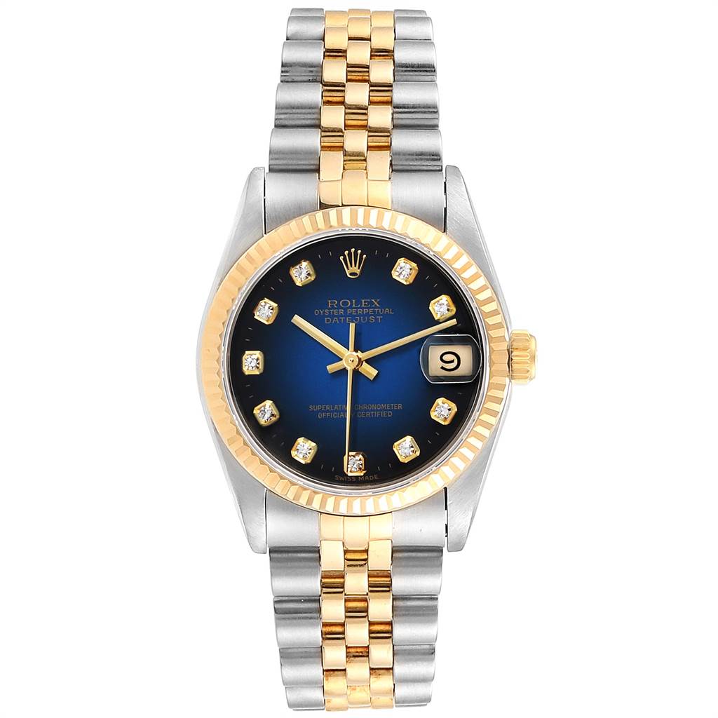 The image shows a front view of the Mid-Size Rolex Datejust watch, highlighting the dial, bezel, and two-tone bracelet.