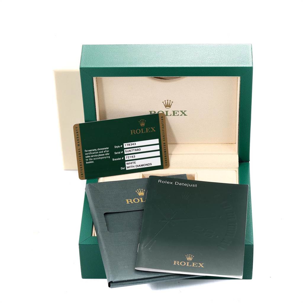 The image shows the original box and documentation for a Rolex Mid-Size 178343 Women's Steel and Gold (two tone) White Dial 178343 Women's Steel and Gold (two tone) White Dial model, including the warranty card and booklet.