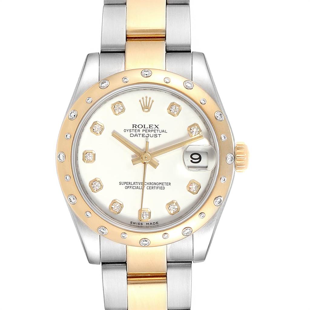 The image shows the front view of a Rolex Mid-Size 178343 Women's Steel and Gold (two tone) White Dial 178343 Women's Steel and Gold (two tone) White Dial Datejust watch, displaying the dial, bezel, bracelet, and crown.