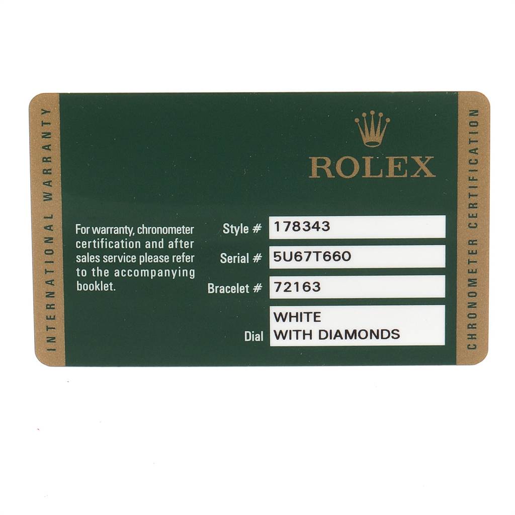 This image shows the warranty card for a Mid-Size Rolex watch, detailing the style, serial, bracelet number, and dial description.