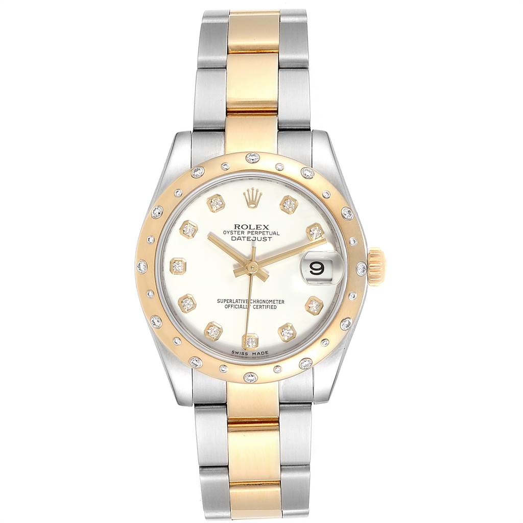 The image shows a front view of the Rolex Oyster Perpetual Datejust Mid-Size watch featuring a two-tone bracelet and diamond-encrusted bezel.