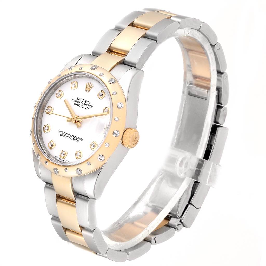 This Rolex Mid-Size 178343 Women's Steel and Gold (two tone) White Dial 178343 Women's Steel and Gold (two tone) White Dial Datejust watch is shown at an angle, displaying the face, bezel, and bracelet.