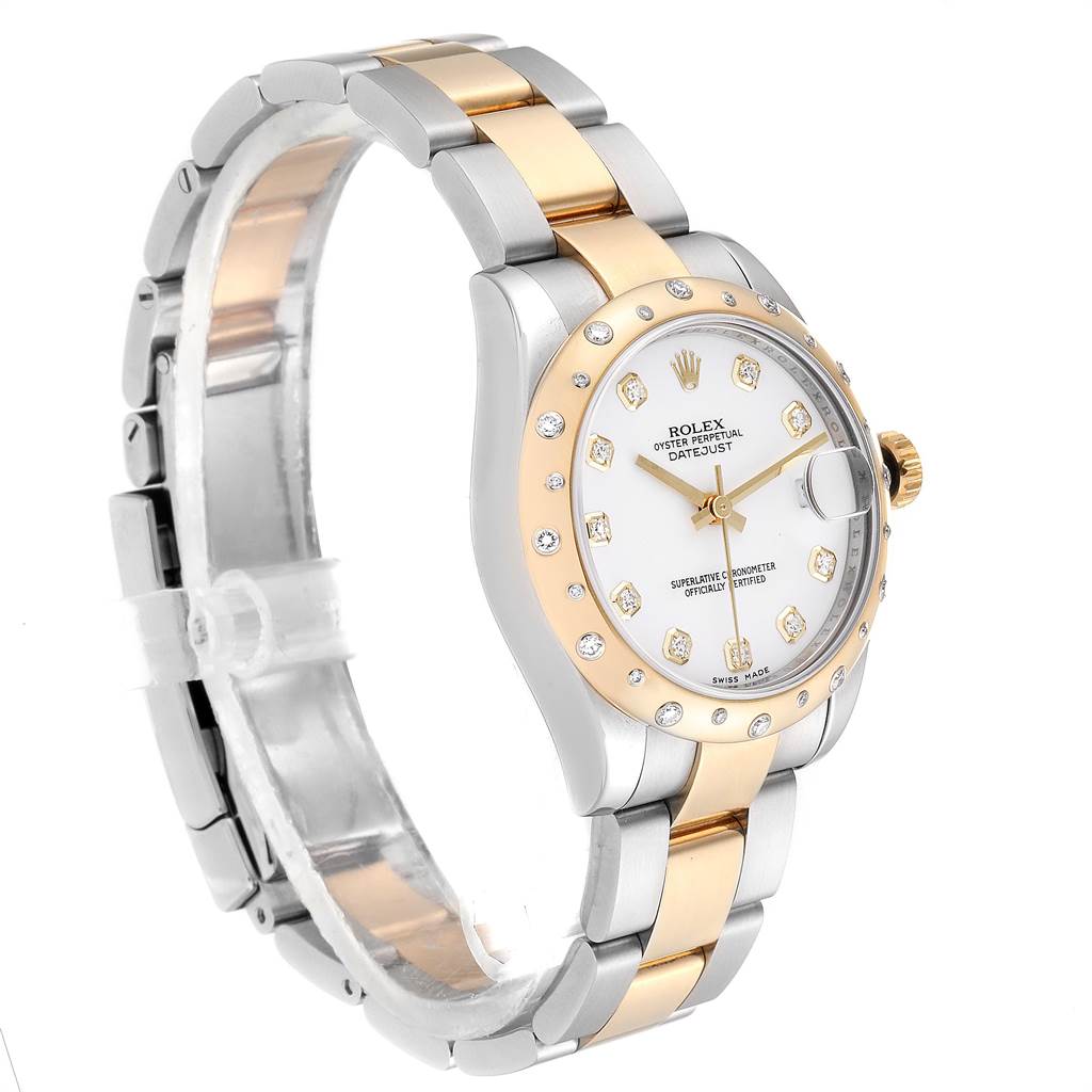 The image shows a side-angle view of the Rolex Mid-Size 178343 Women's Steel and Gold (two tone) White Dial 178343 Women's Steel and Gold (two tone) White Dial Datejust, highlighting its bracelet, bezel, dial, and crown.