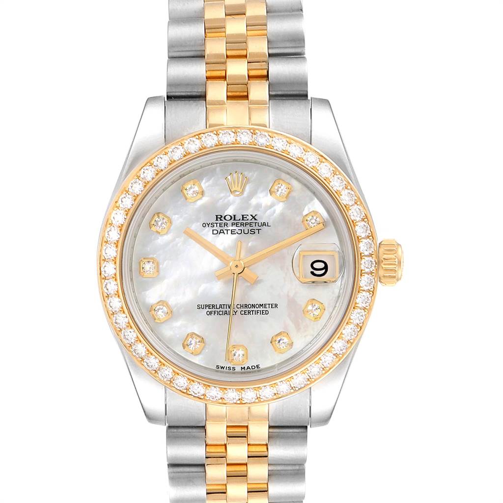 The image shows a front view of the Rolex Mid-Size 178383 Women's Steel and Gold (two tone) Mother of Pearl Dial 178383 Women's Steel and Gold (two tone) Mother of Pearl Dial Oyster Perpetual Datejust watch, highlighting the dial, bracelet, and bezel.