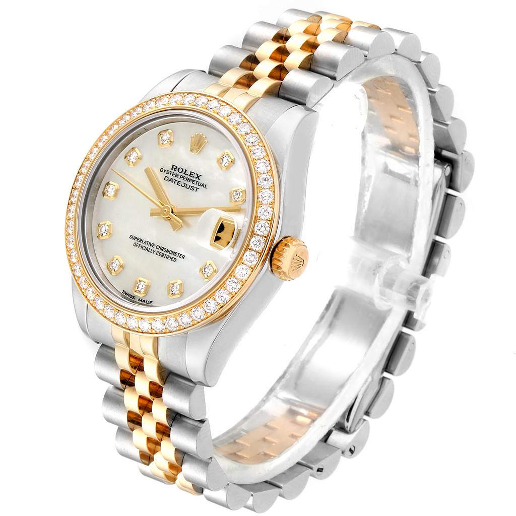 This image shows a Mid-Size Rolex watch at a 3/4 angle, highlighting the face, bezel, crown, and bracelet.