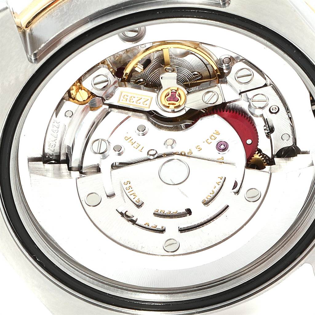 This image shows the internal mechanical movement of a Rolex Mid-Size 178383 Women's Steel and Gold (two tone) Mother of Pearl Dial 178383 Women's Steel and Gold (two tone) Mother of Pearl Dial model watch from a top-down angle.