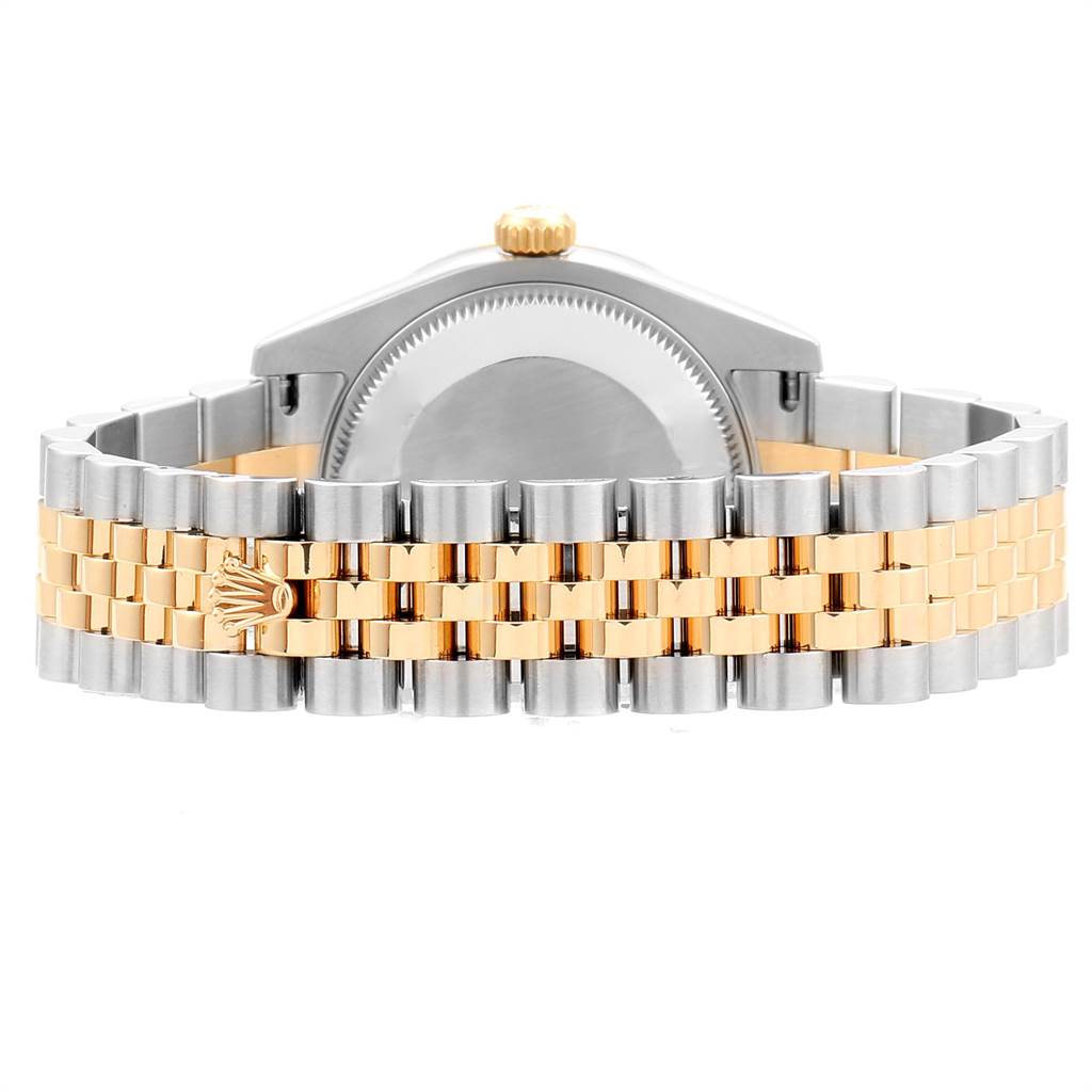 This image shows the back and bracelet of a Rolex Mid-Size 178383 Women's Steel and Gold (two tone) Mother of Pearl Dial 178383 Women's Steel and Gold (two tone) Mother of Pearl Dial model watch, featuring a two-tone metal design.