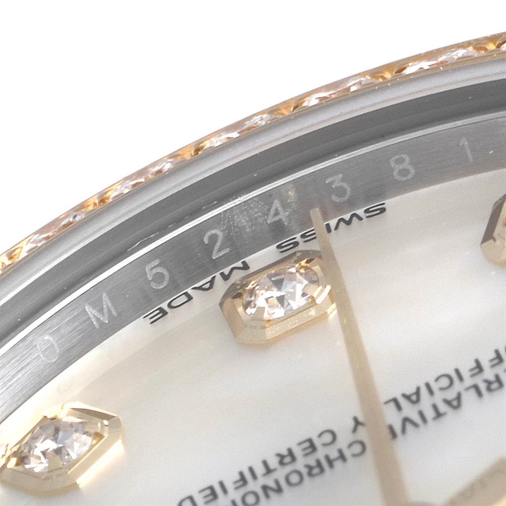 The close-up angle shows the dial, bezel, and diamond hour markers of the Rolex Mid-Size 178383 Women's Steel and Gold (two tone) Mother of Pearl Dial 178383 Women's Steel and Gold (two tone) Mother of Pearl Dial watch.