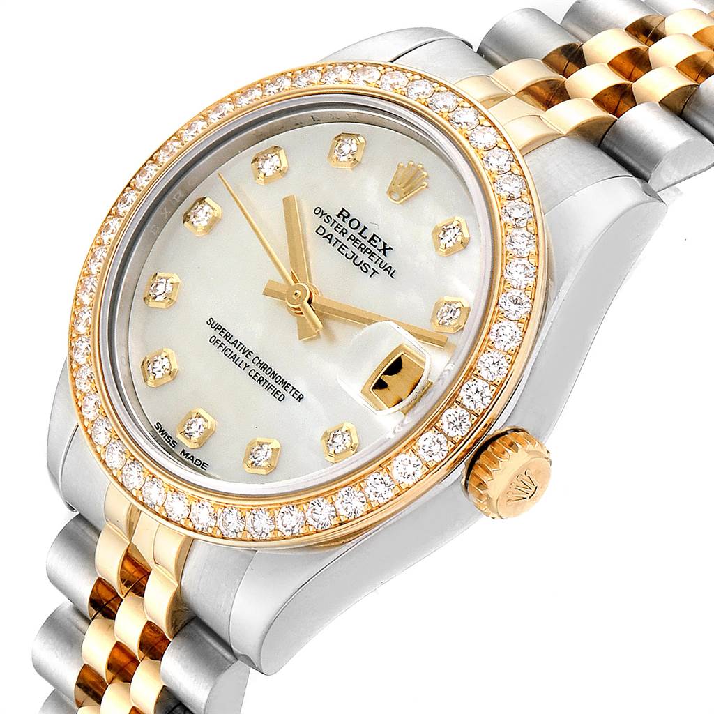 This image shows a Rolex Oyster Perpetual Datejust Mid-Size watch from a slightly angled top-down view, highlighting the face and partial band.