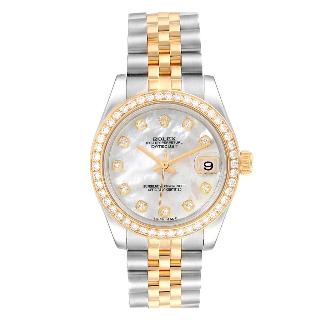 This image shows a front view of a Rolex Mid-Size 178383 Women's Steel and Gold (two tone) Mother of Pearl Dial 178383 Women's Steel and Gold (two tone) Mother of Pearl Dial Oyster Perpetual Datejust watch with a mother-of-pearl dial and diamond bezel.