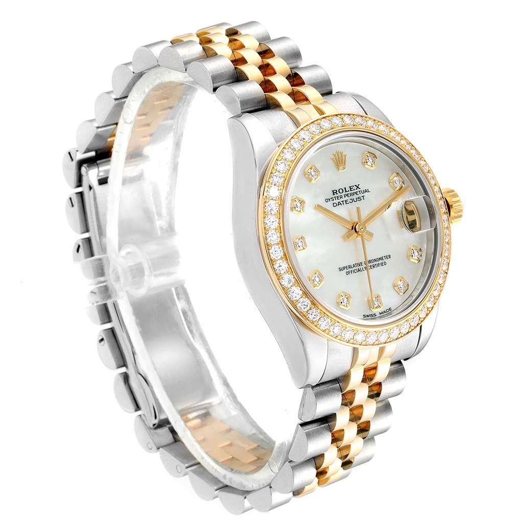 The Rolex Mid-Size 178383 Women's Steel and Gold (two tone) Mother of Pearl Dial 178383 Women's Steel and Gold (two tone) Mother of Pearl Dial Datejust watch is shown at a slight angle, displaying its bracelet, face, crown, and bejeweled bezel.