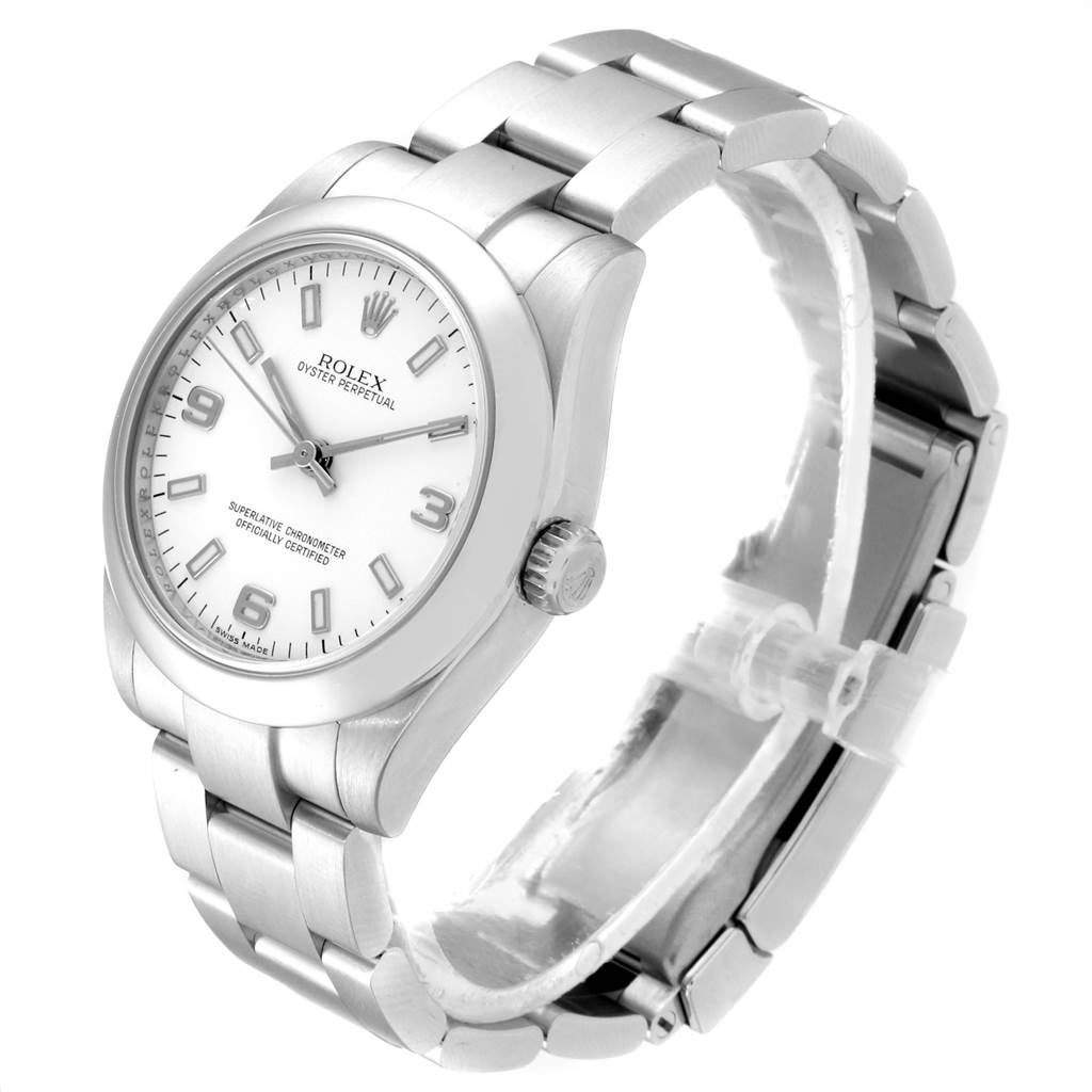 This Rolex Mid-Size 177200 Women's Stainless Steel White Dial 177200 Women's Stainless Steel White Dial model is shown at a slightly angled side view, highlighting the bracelet, case, dial, and crown.