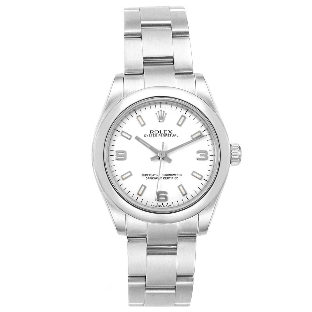 The image shows a Rolex Mid-Size 177200 Women's Stainless Steel White Dial 177200 Women's Stainless Steel White Dial Oyster Perpetual watch from a top-down angle, highlighting the dial, case, and bracelet.