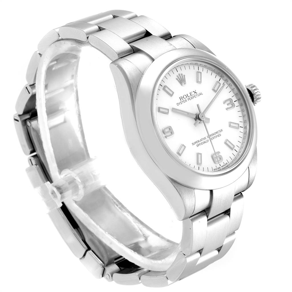 The Rolex Mid-Size 177200 Women's Stainless Steel White Dial 177200 Women's Stainless Steel White Dial model watch shown is at a three-quarter angle, highlighting the face, bezel, and bracelet.