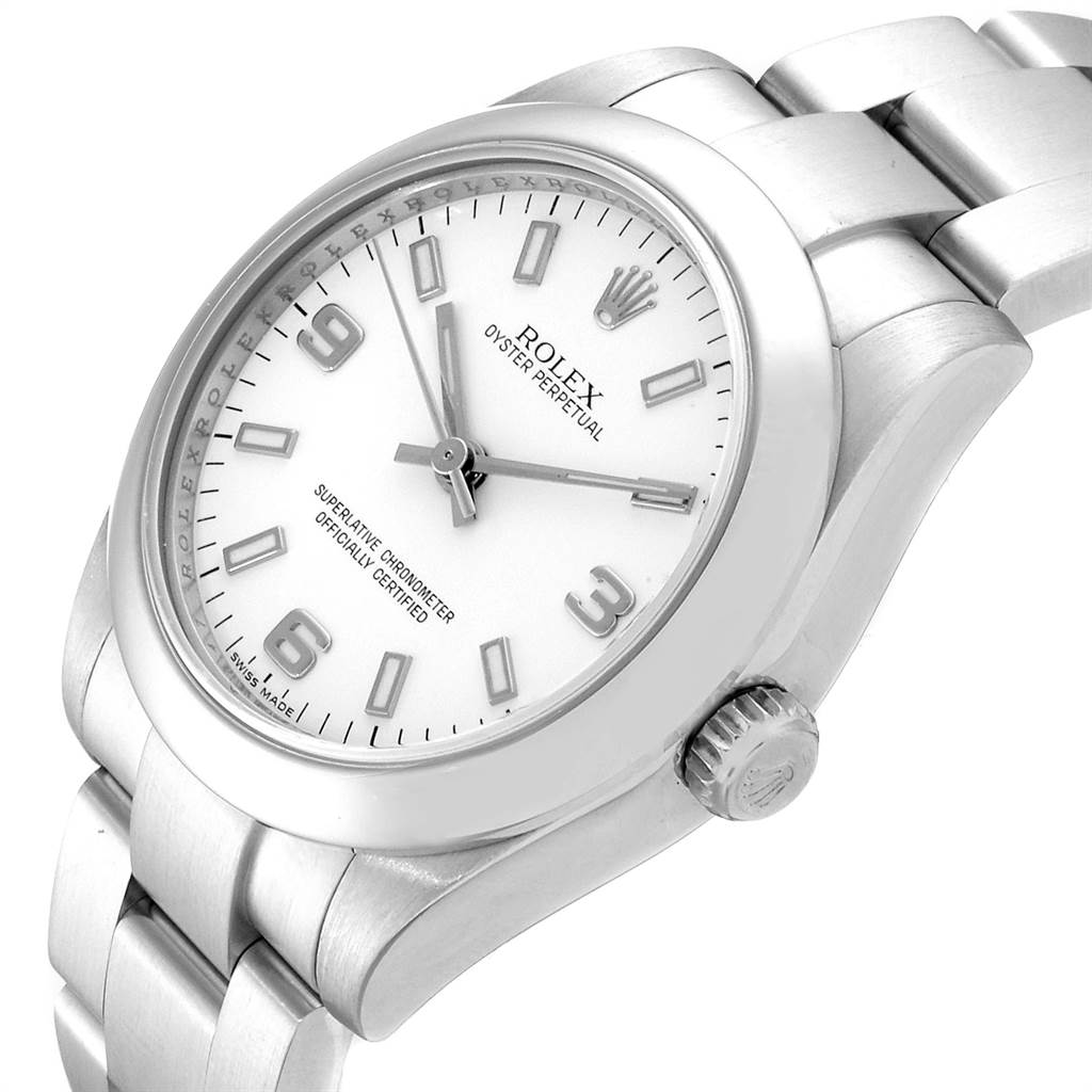 The image shows a Mid-Size Rolex watch at an angled view, highlighting the face, bezel, crown, and part of the bracelet.