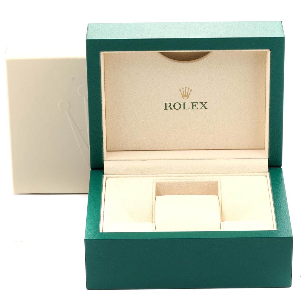 The image shows an open Rolex Mid-Size 177200 Women's Stainless Steel White Dial 177200 Women's Stainless Steel White Dial model watch box with beige interior and a green exterior, viewed from the front.