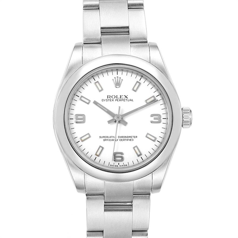 Rolex Midsize 31 White Dial Domed Bezel Steel Ladies Watch 177200 SwissWatchExpo