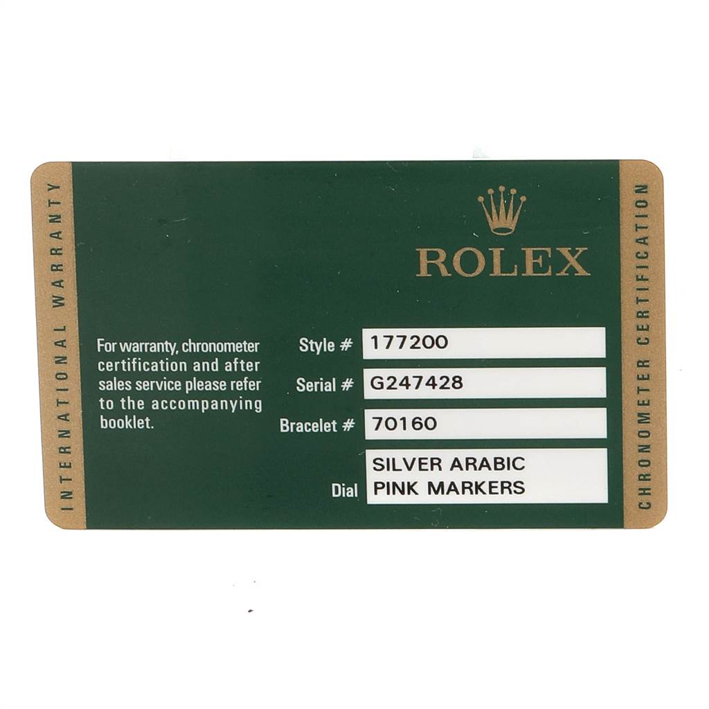 This image shows the warranty card for a Rolex Mid-Size 177200 Women's Stainless Steel Silver Dial 177200 Women's Stainless Steel Silver Dial model with style #177200 and a dial description of silver Arabic with pink markers.