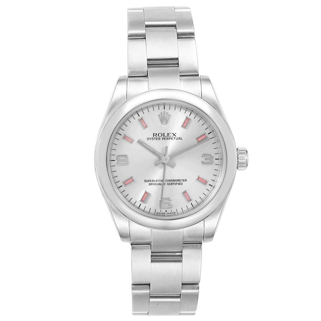 This image shows a front view of a Rolex Oyster Perpetual Mid-Size model, displaying the dial, hands, and bracelet.