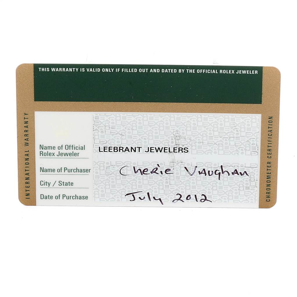 The image shows an official warranty card for a Mid-Size Rolex watch, including the jeweler's name and purchase date.