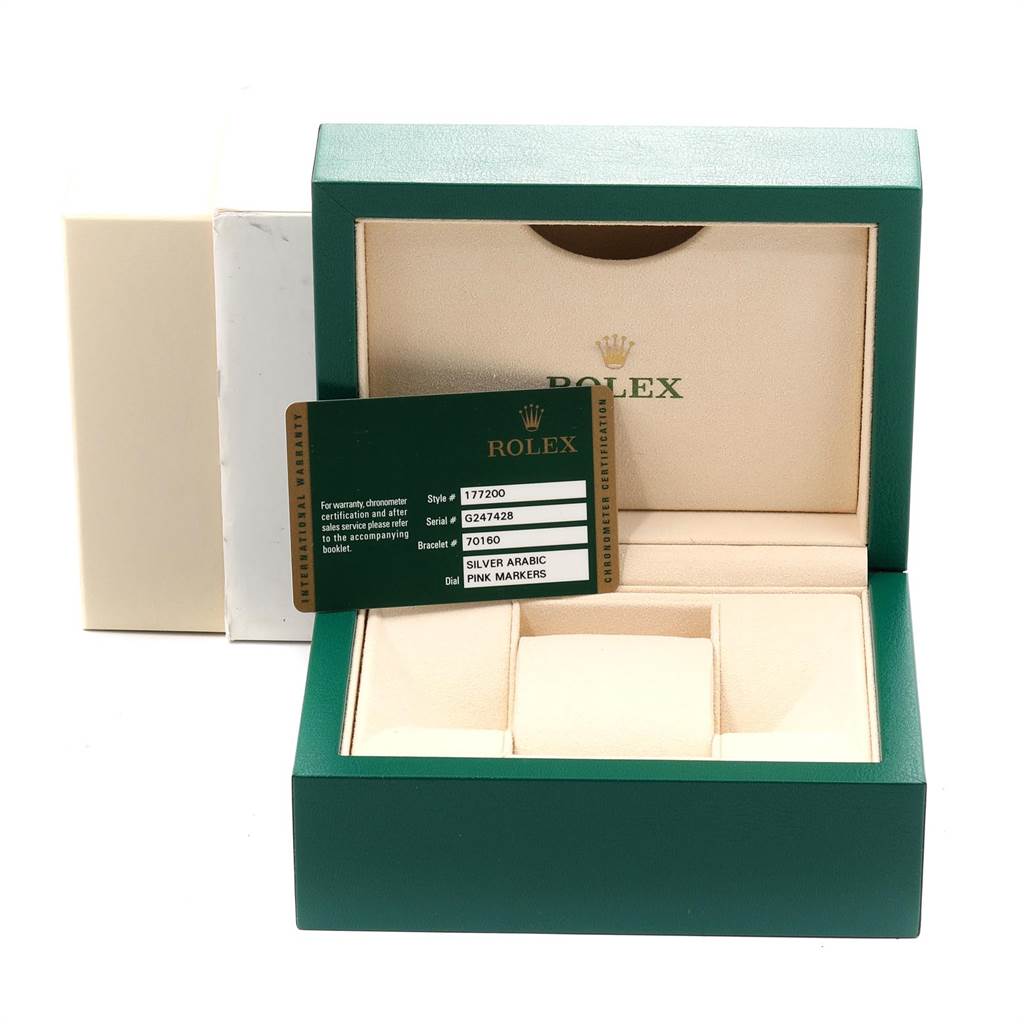 The image shows a Rolex Mid-Size 177200 Women's Stainless Steel Silver Dial 177200 Women's Stainless Steel Silver Dial watch box, packaging, and warranty card displayed from the front.