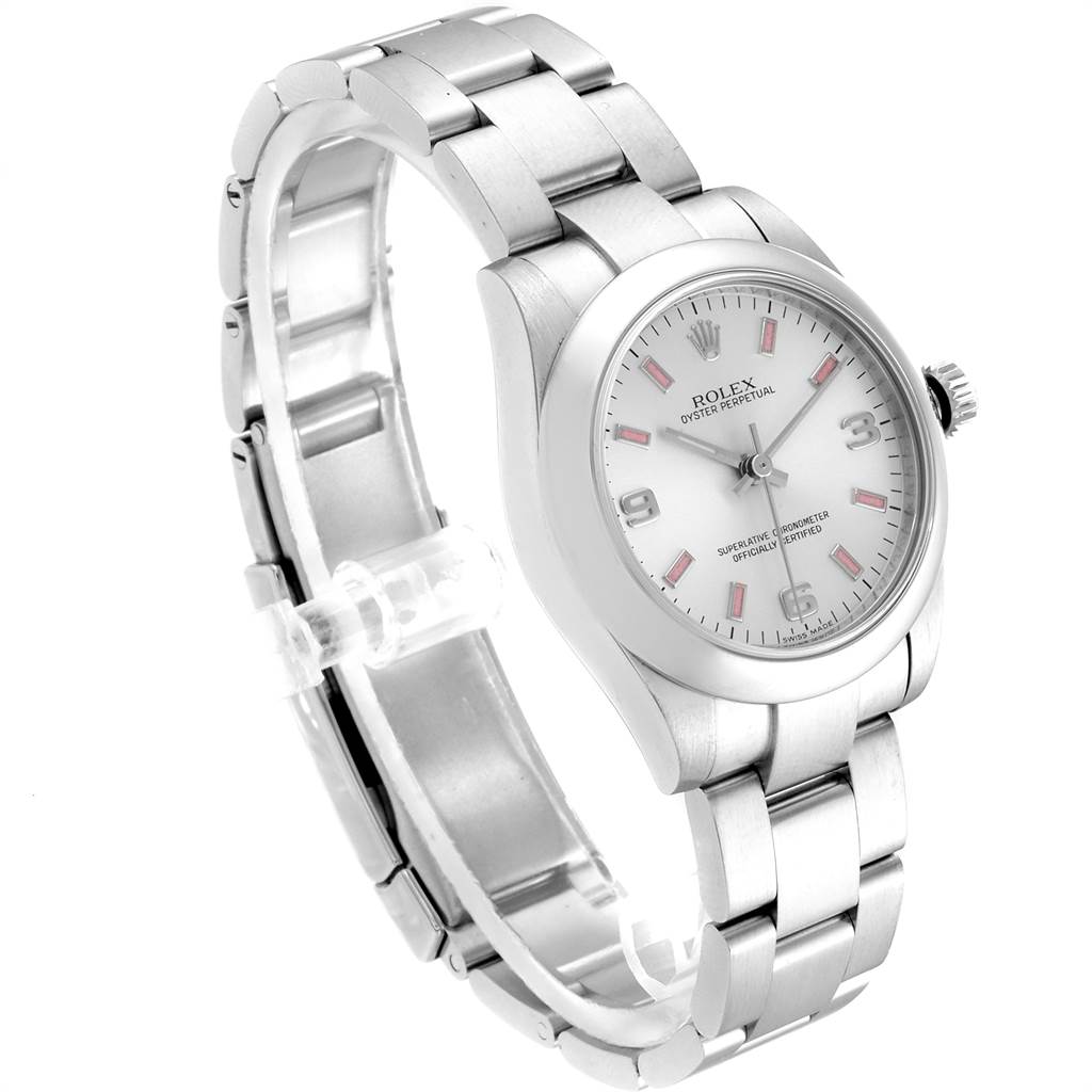 The image shows a Rolex Mid-Size 177200 Women's Stainless Steel Silver Dial 177200 Women's Stainless Steel Silver Dial watch from an angled side view, highlighting the dial, bracelet, and casing.