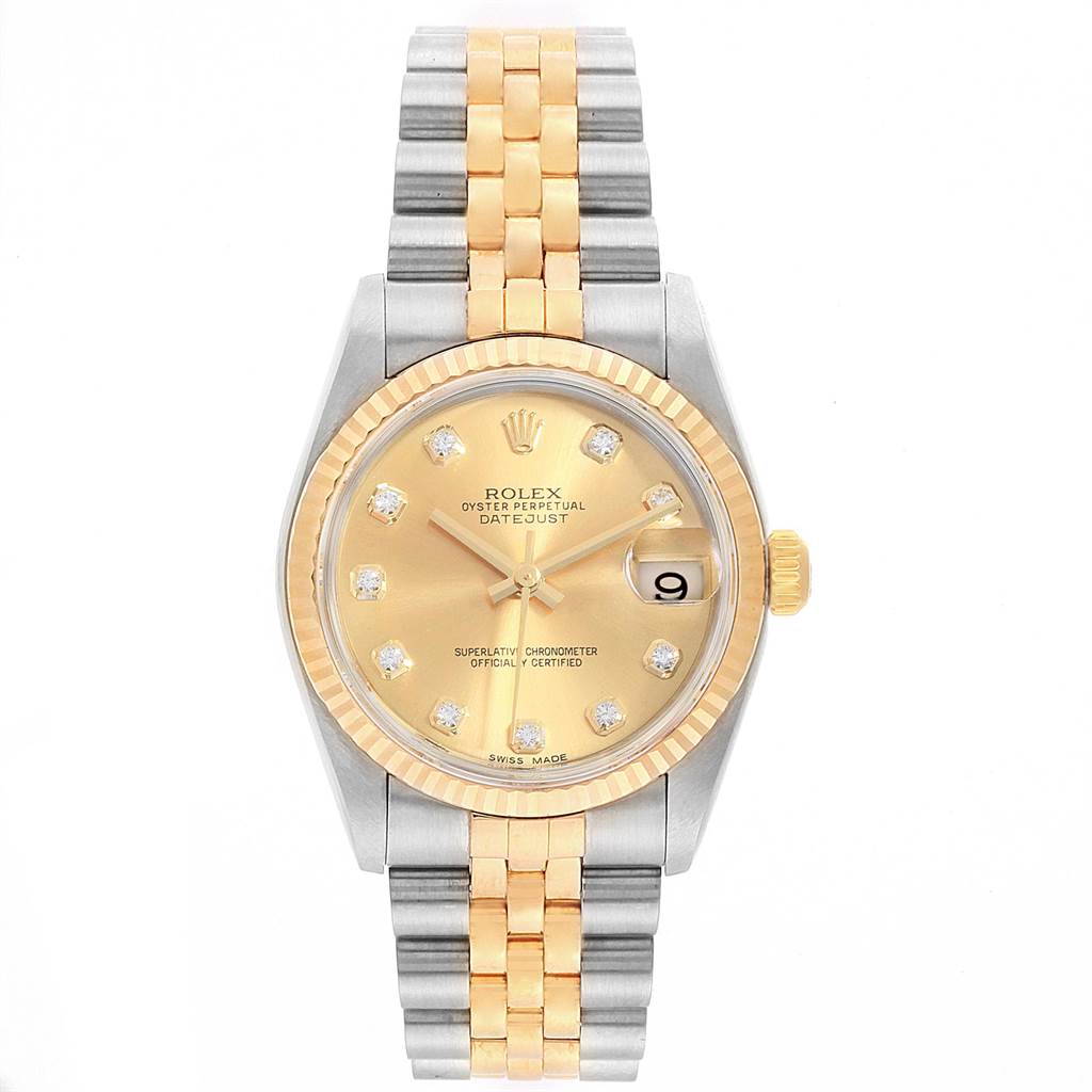 The image shows a front view of a Mid-Size Rolex Datejust watch, displaying its dial, bezel, and two-tone bracelet.