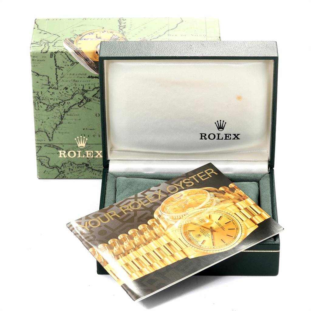The image shows a Rolex Mid-Size 68274 Women's Stainless Steel Silver Dial 68274 Women's Stainless Steel Silver Dial model watch box at an angled open view with an instruction manual partially inside.