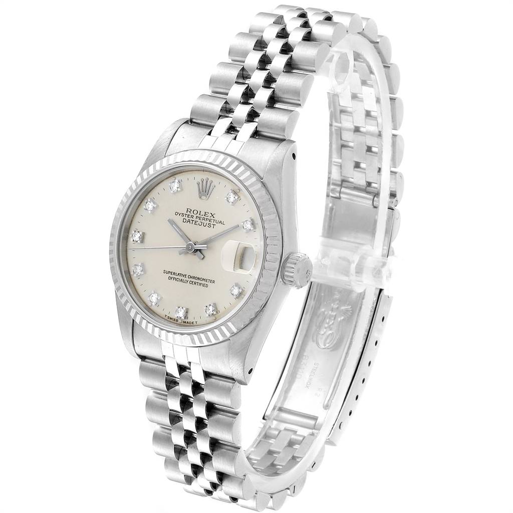 The image shows a Rolex Mid-Size 68274 Women's Stainless Steel Silver Dial 68274 Women's Stainless Steel Silver Dial Datejust watch at an angle, featuring its dial, bezel, crown, and stainless steel Jubilee bracelet.