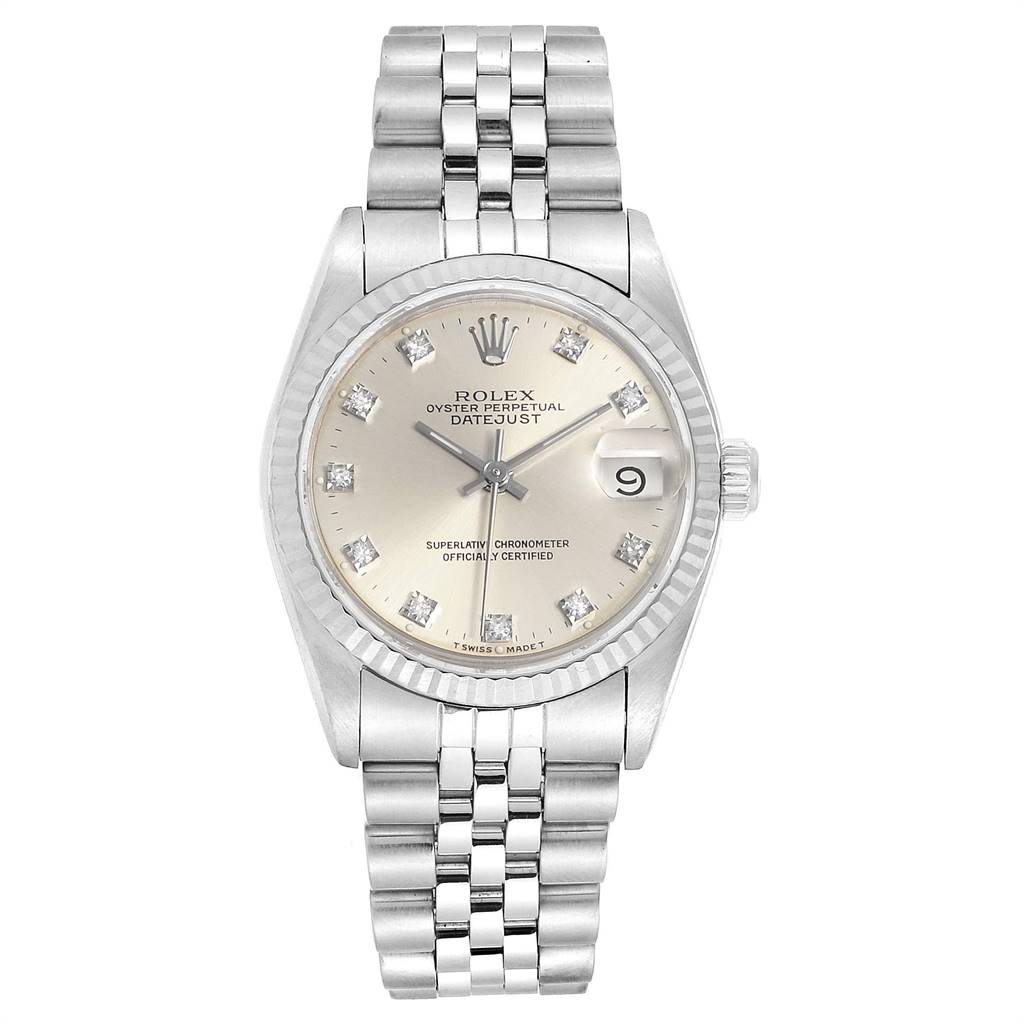 The Rolex Datejust Mid-Size watch is shown from the front, displaying its face, bracelet, and crown.