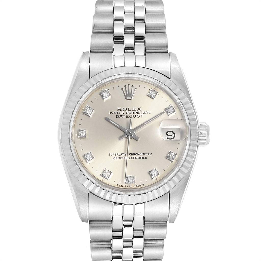 The image shows a front view of a Rolex Mid-Size 68274 Women's Stainless Steel Silver Dial 68274 Women's Stainless Steel Silver Dial Datejust watch, highlighting the dial, bezel, bracelet, and crown.