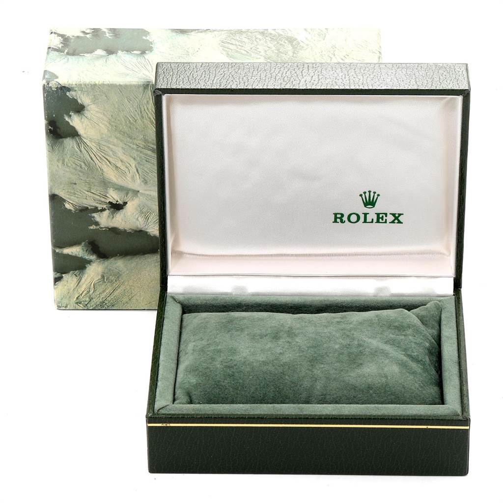 The image shows an open green box with a white interior and "Rolex" branding, used for a Mid-Size Rolex watch.