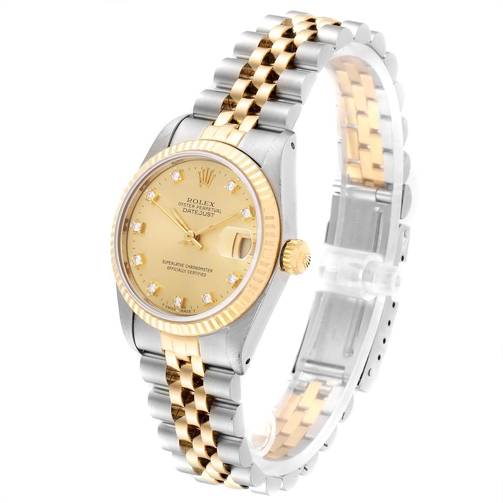 The image shows a Rolex Mid-Size 68273 Women's Steel and Gold (two tone) Champagne Dial 68273 Women's Steel and Gold (two tone) Champagne Dial Datejust watch, featuring a two-tone bracelet and a gold dial with diamond markers.
