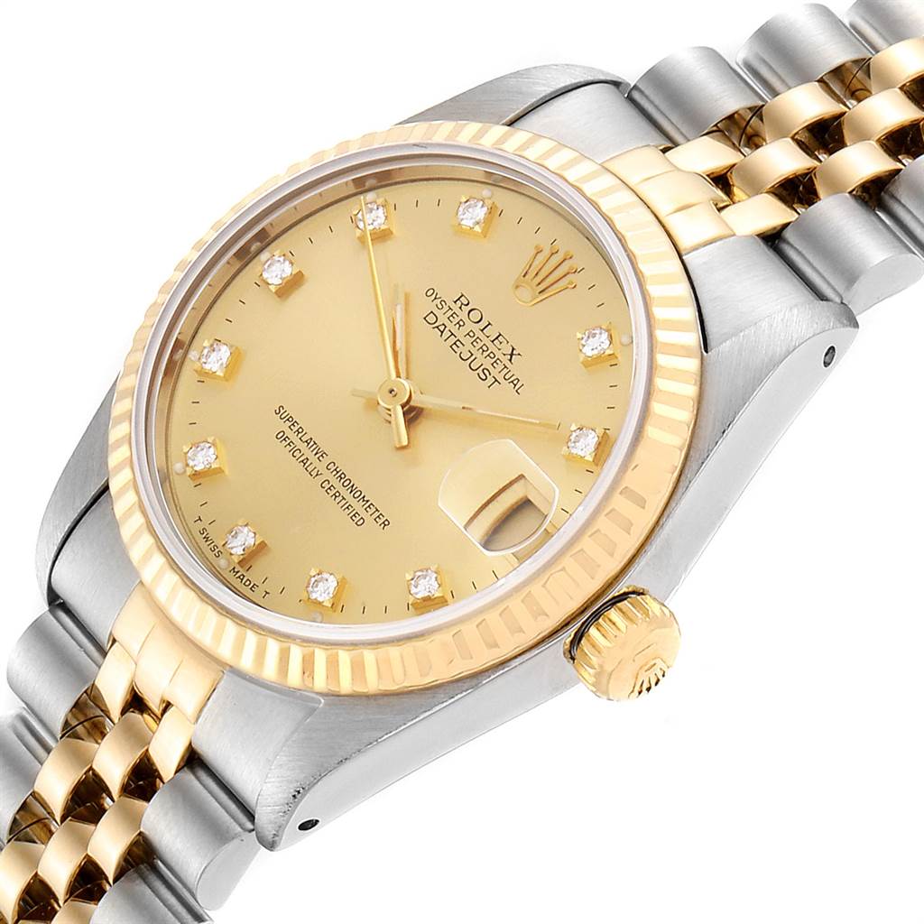 This image shows a close-up, angled view of the Rolex Oyster Perpetual Datejust Mid-Size, featuring its dial and part of the bracelet.