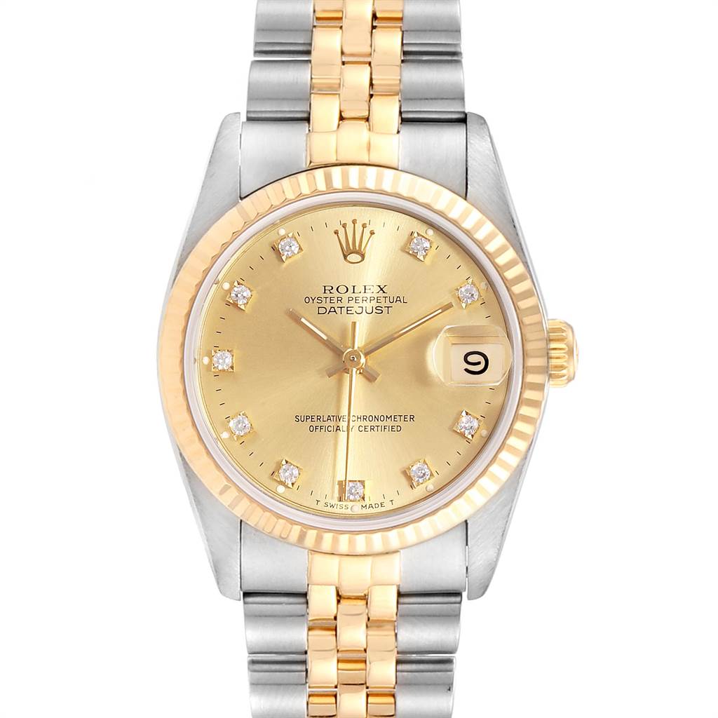 The image shows a front view of a Rolex Mid-Size 68273 Women's Steel and Gold (two tone) Champagne Dial 68273 Women's Steel and Gold (two tone) Champagne Dial Datejust, displaying the dial, bezel, and two-tone bracelet.