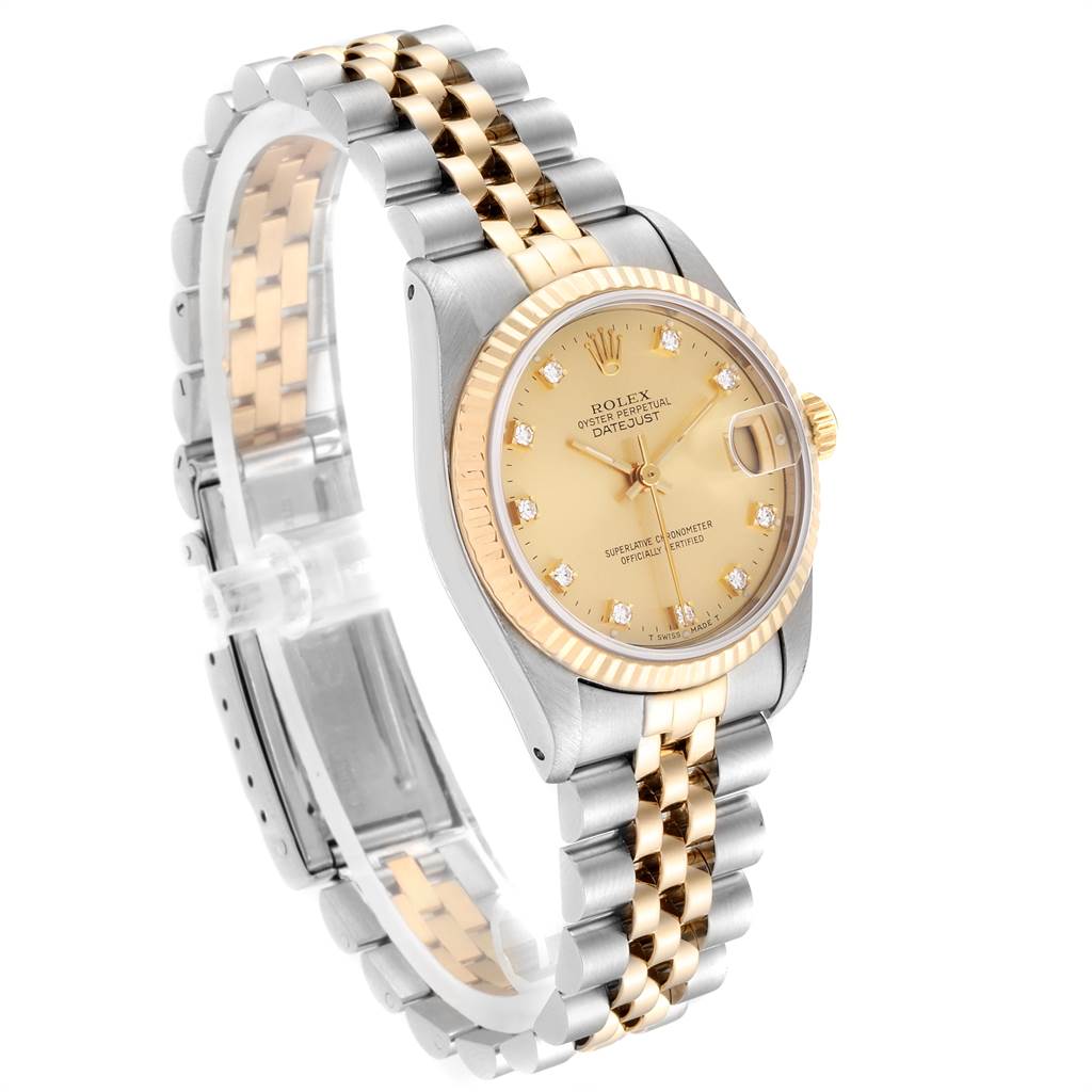 The Rolex Mid-Size 68273 Women's Steel and Gold (two tone) Champagne Dial 68273 Women's Steel and Gold (two tone) Champagne Dial watch is shown at a three-quarter angle, displaying the face, bezel, and bracelet.