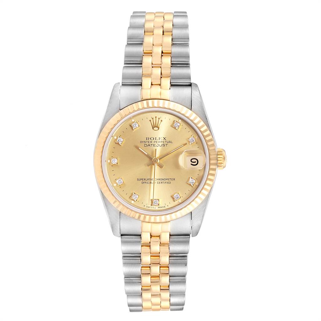 This image shows a front view of a Rolex Datejust Mid-Size watch, featuring a gold dial, diamond markers, and a two-tone bracelet.