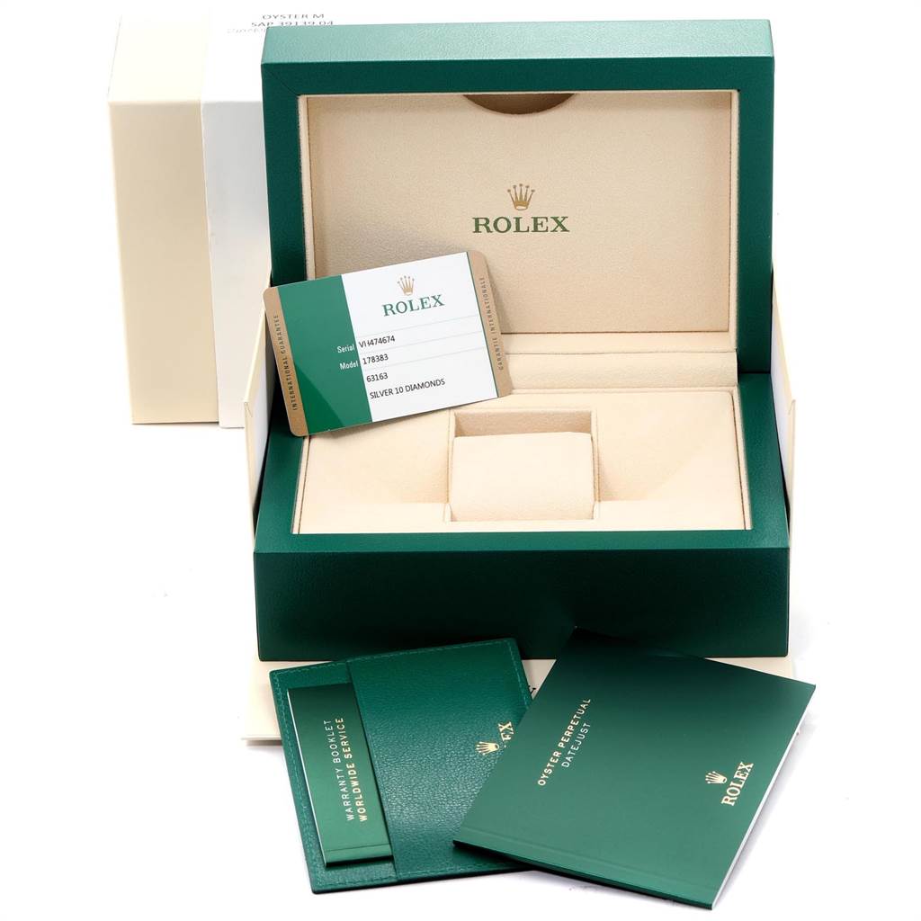 The image shows a Rolex Mid-Size 178383 Women's Steel and Gold (two tone) Silver Dial 178383 Women's Steel and Gold (two tone) Silver Dial model watch box, warranty booklet, and a card with model details.