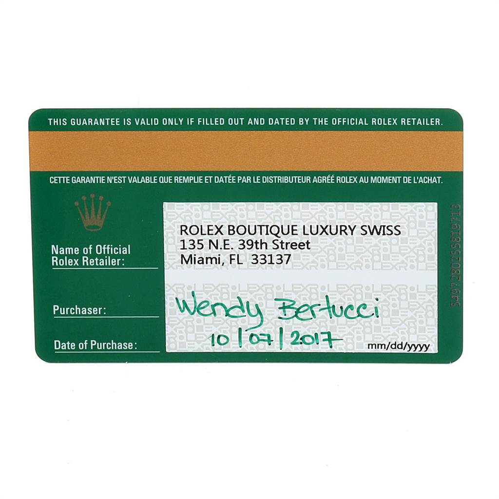 This is a warranty card for a Mid-Size Rolex watch shown from the front, including purchase details and retailer information.