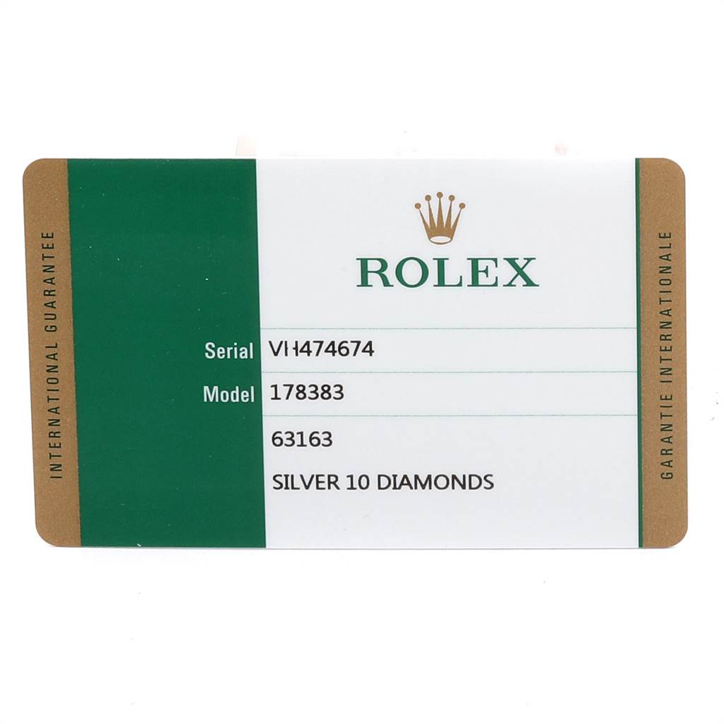 The image shows a Rolex warranty card for the Mid-Size model 178383 with serial VI474674 and a silver 10 diamonds detail.