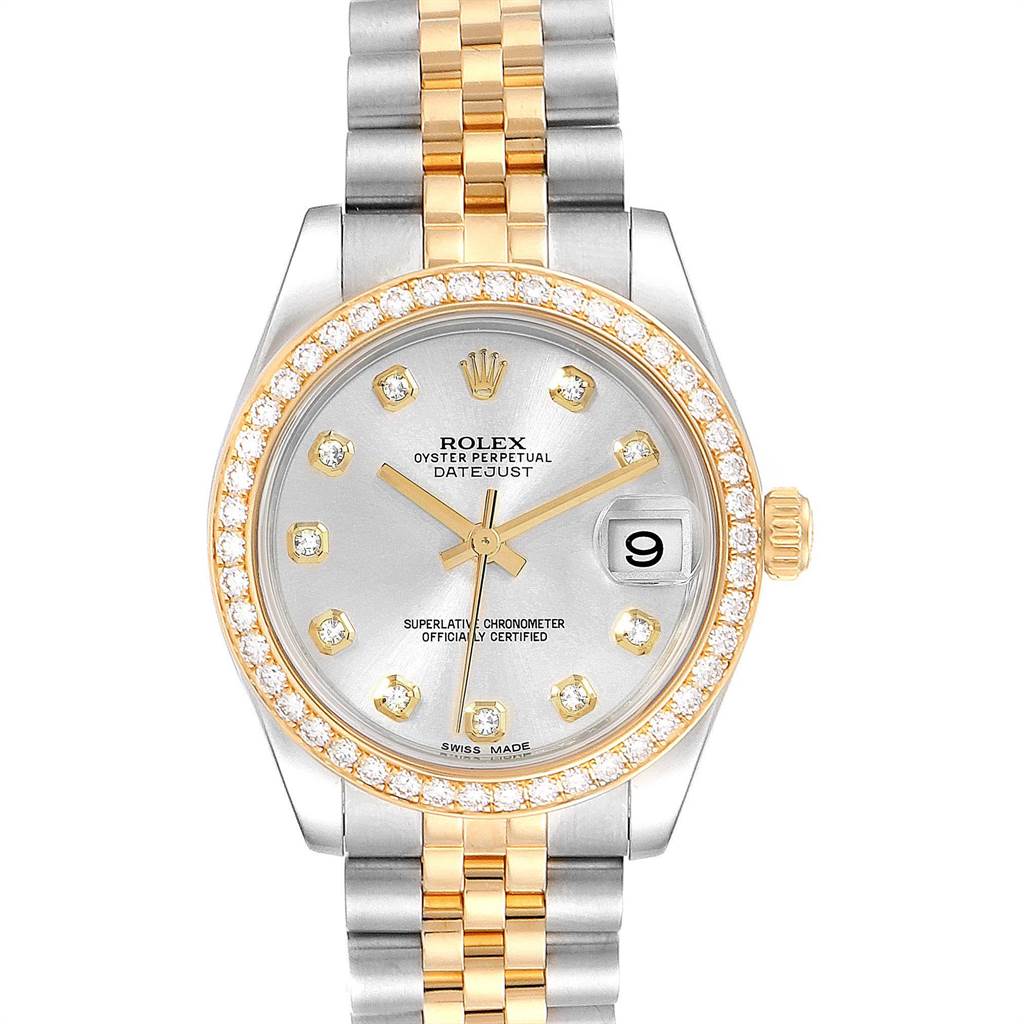 This image shows the front view of a Rolex Mid-Size 178383 Women's Steel and Gold (two tone) Silver Dial 178383 Women's Steel and Gold (two tone) Silver Dial Datejust watch, highlighting the dial, bezel, hands, and bracelet.
