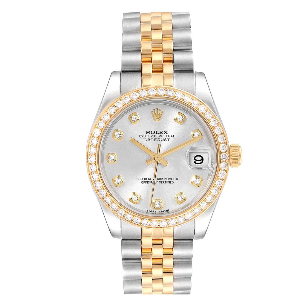 This image shows a front view of a Rolex Mid-Size 178383 Women's Steel and Gold (two tone) Silver Dial 178383 Women's Steel and Gold (two tone) Silver Dial Oyster Perpetual Datejust watch with a silver and gold design.